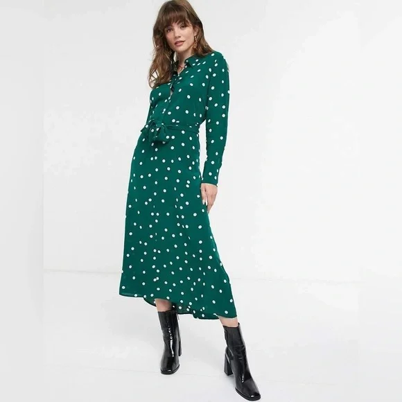 & Other Stories / Green Polka Dot Tie Midi Dress 0